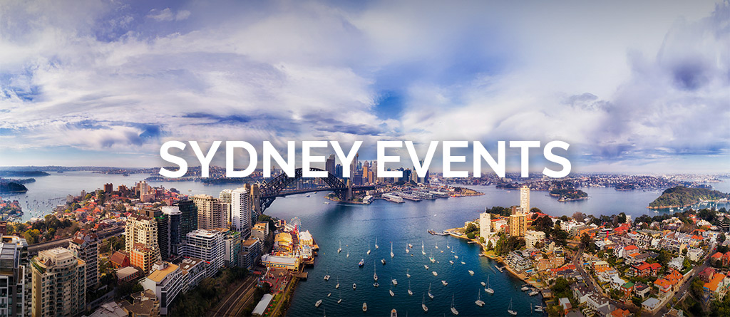 Aerial view of Sydney Harbour and skyline with the text “Sydney Events”