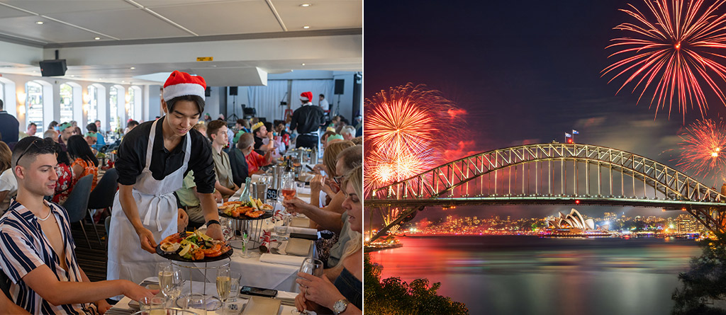 Left shows Christmas celebrations on Sydney Showboat II and the right shows Sydney Harbour’s NYE fireworks show