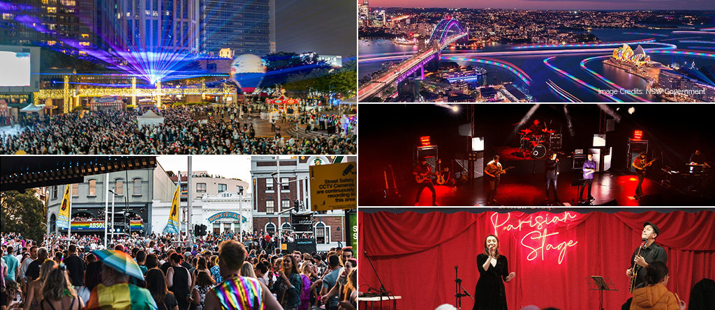 Image collage of Sydney Festival, Mardi Gras, Vivid Sydney, Fringe Festival & Bastille Festival