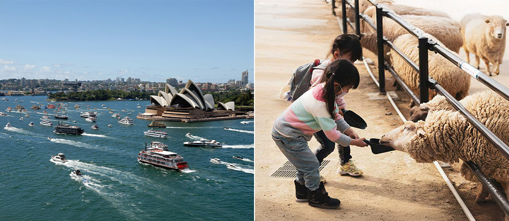 Left shows Australia Day’s Harbourfest and the Opera House; blue sky above. Right shows two children feeding sheep at the Sydney Royal Easter Show