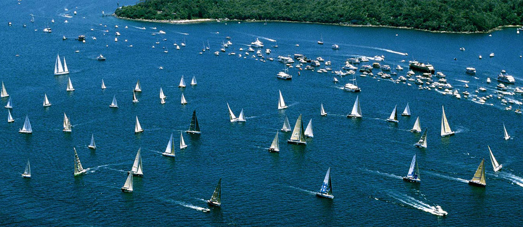 Aerial view of the Sydney to Hobart Yacht Race fleet on Sydney Harbour