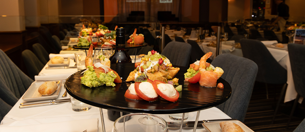 A sumptuous meal served on board the Showboat Christmas party cruise