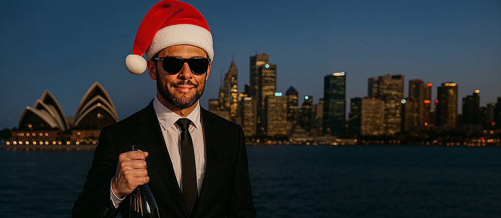 A business man ready to celebrate Christmas on Sydney Harbour