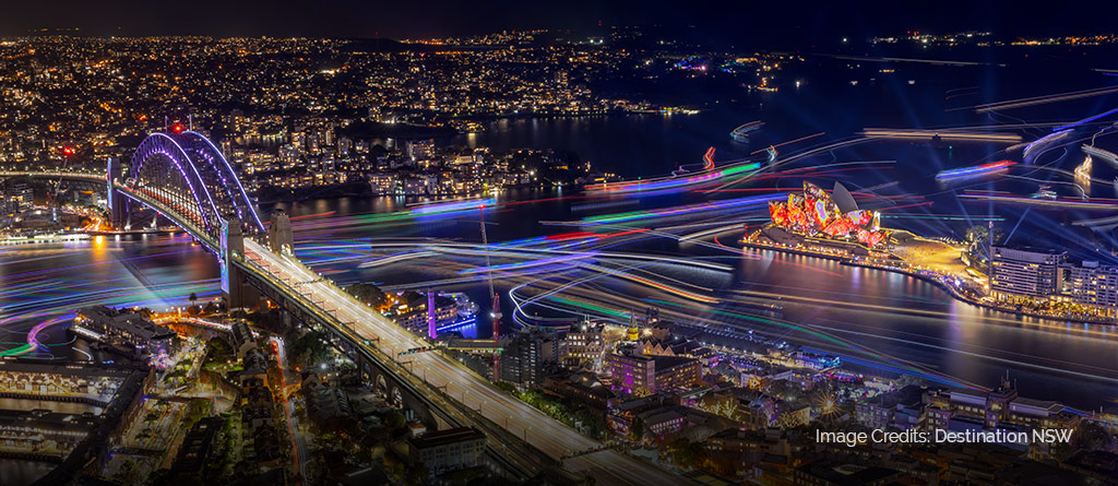 Aerial view of Vivid Sydney celebrations on Sydney Harbour