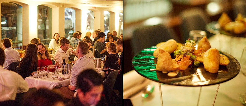 A two-image collage of people dining on the Showboat and close-up of a plated appetiser on a raised stand